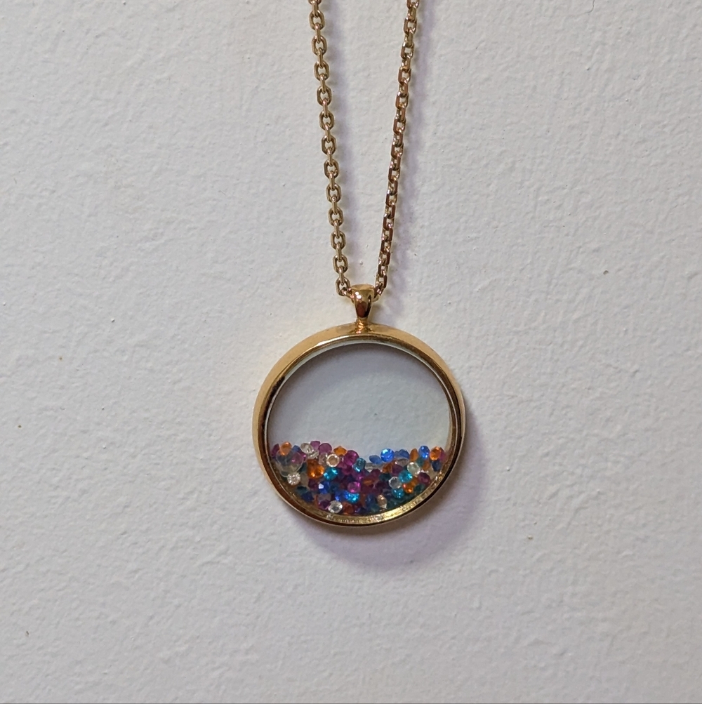 Gold Tone Floating Locket Necklace | Round Shaker Pendant | Multicolor Crystals